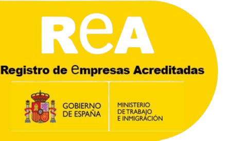 Yellow badge with the text "REA Registro de Empresas Acreditadas" and the Spanish Government and Ministry of Labor and Immigration logos.