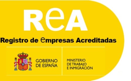 Logo of the Registro de Empresas Acreditadas (REA) with the Government of Spain and Ministry of Labor and Immigration emblems on a yellow background.